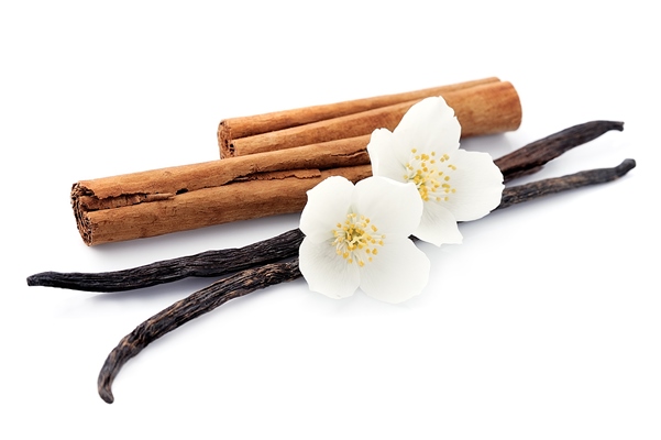 vanilla sticks and cinnamon with flowers on white - Напиток "Морковный пирог"