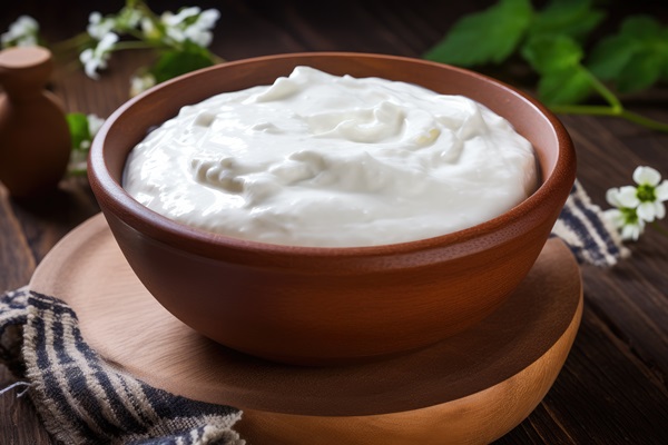 yogurt or sour cream made at home served in a wooden bowl - Творожный пудинг с яблоками (школьное питание)