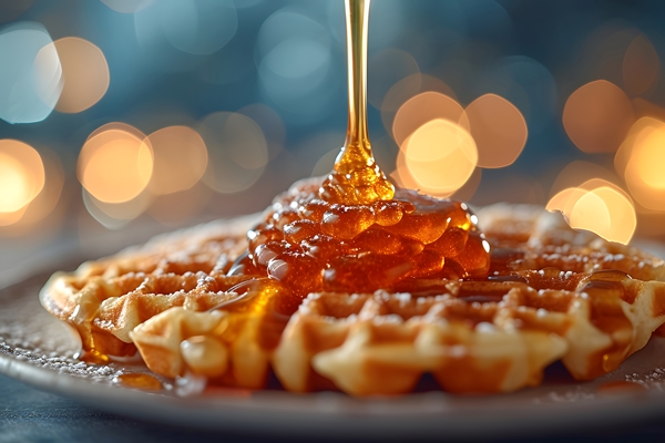 golden honey drizzling on waffles with bokeh lights in the background - Хозяйке на заметку: словарь кондитера