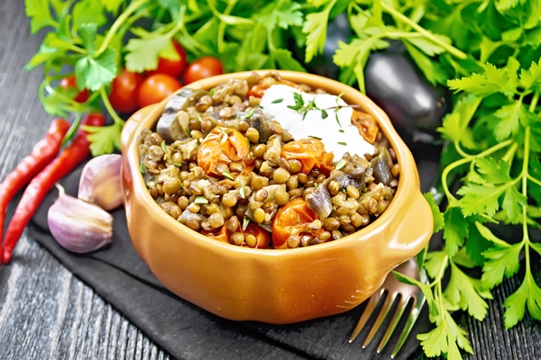 green lentils stewed with eggplant tomatoes garlic and spices sour cream sauce in bowl on board - Тушёная чечевица с овощами в мульварке
