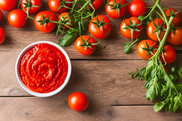 tomato ketchup sauce ingredients wooden background top view - Макароны по-флотски в мультиварке
