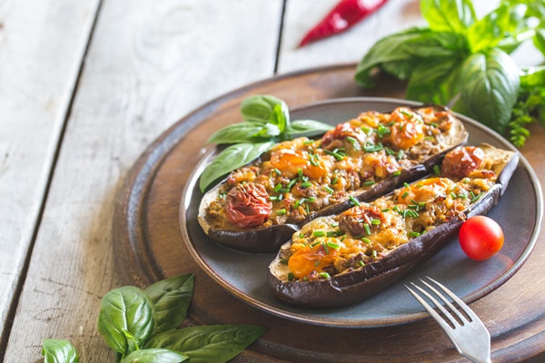 baked eggplant aubergine stuffed with vegetables cheese - Баклажаны имам баялди