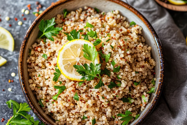 brown rice quinoa serving bowl garnished with lemon slices parsley - Киноа с креветками