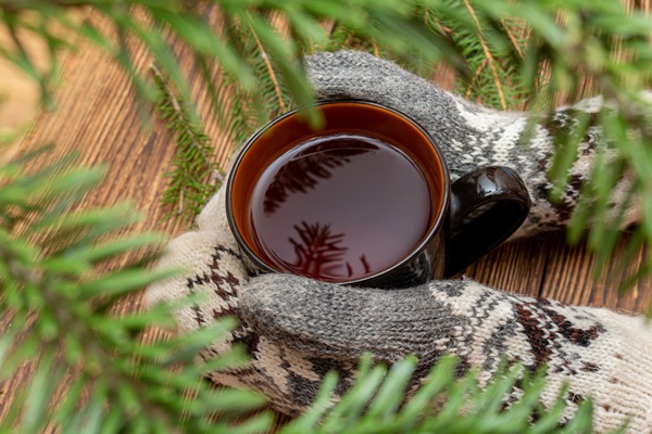 hands mittens holding cup tea close up brown brushed - Чай из чаги в термосе
