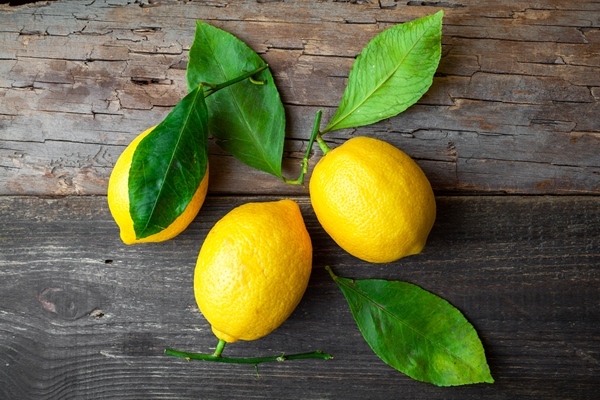 lemons with leaves dark wooden background top view vertical - Тапенада по-афонски