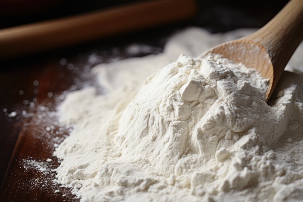 macro photography flour with wooden spoon closeup light direction - Картофельные котлеты с грецкими орехами