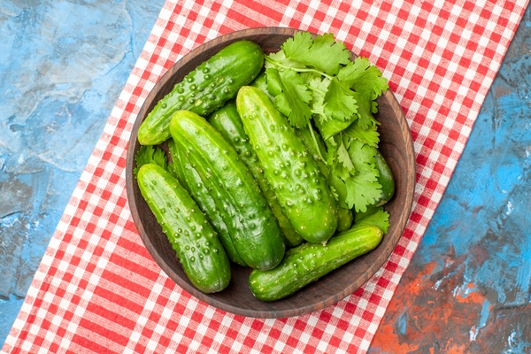 top view fresh cucumbers inside plate blue background health photo ripe meal color salad food diet - Окрошка на березовом соке, постный стол