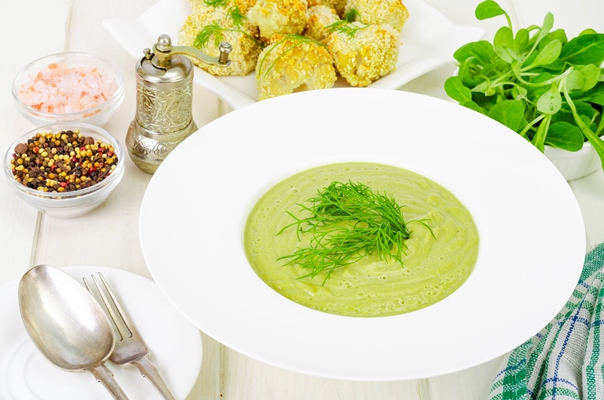 white plate with cream soup green vegetables healthy diet dish - Овощной паштет с икрой