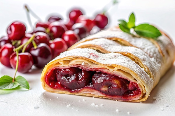 Штрудель с вишней vkusnyi domasnii visnevyi pirog sladkie kusocki visnevogo strudela na derevannom stole tradicionnaa kuhna - Штрудель с вишней