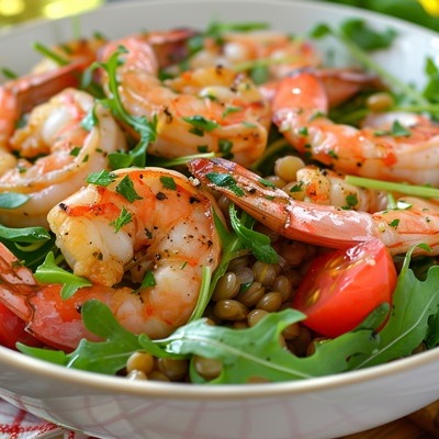 Салат с чечевицей и креветками